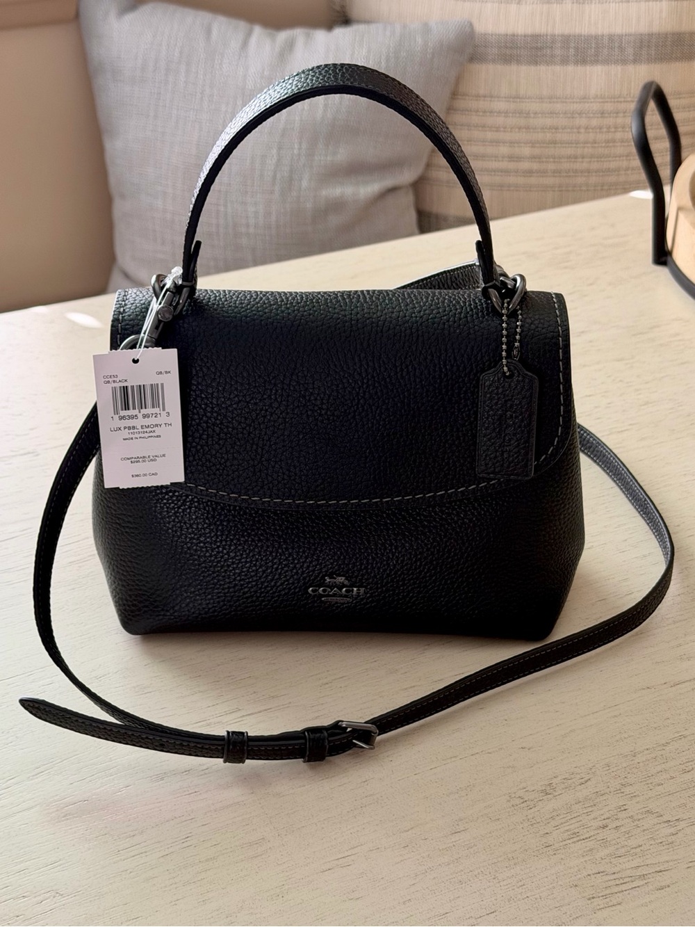 Coach Emory Lux Black Pebbled Leather Top-Handle Crossbody Bag